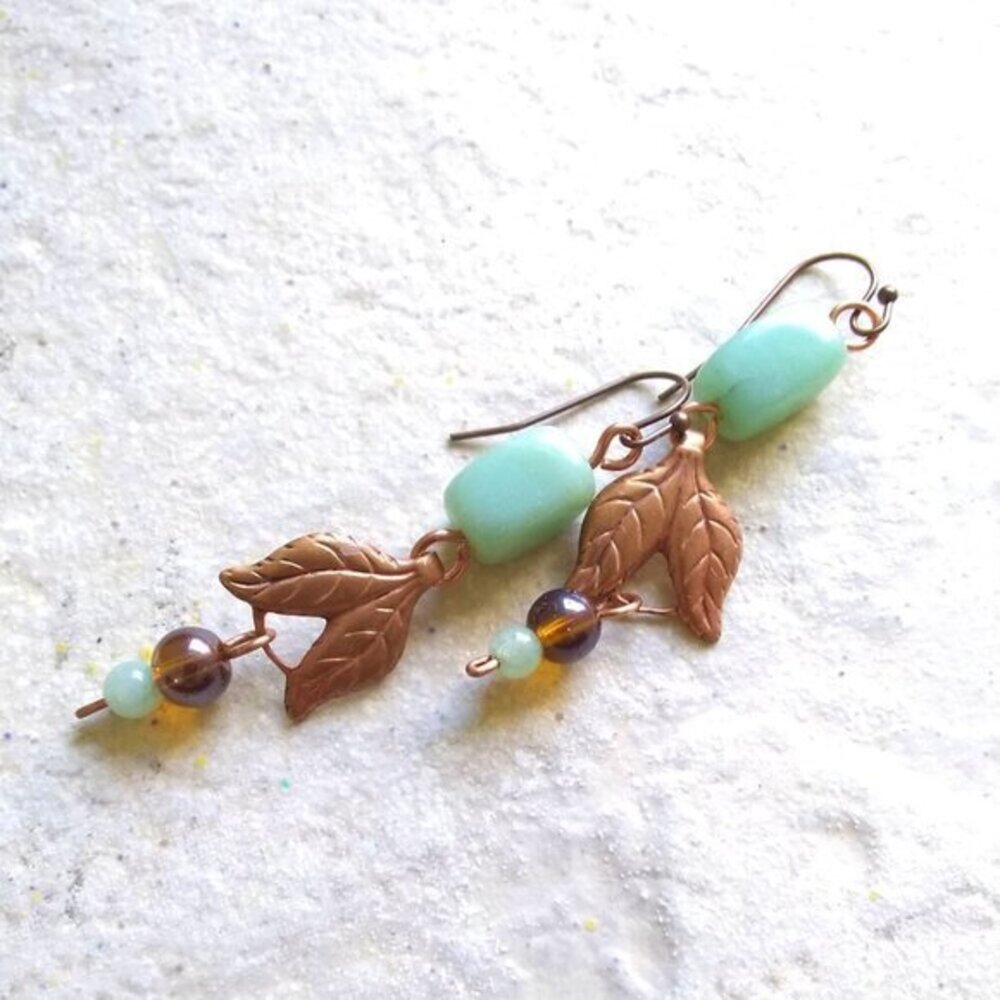 Handmade Copper Leaf + Green Aventurine Earrings! Fall Prosperity + Luck Jewelry - Picture 7 of 11